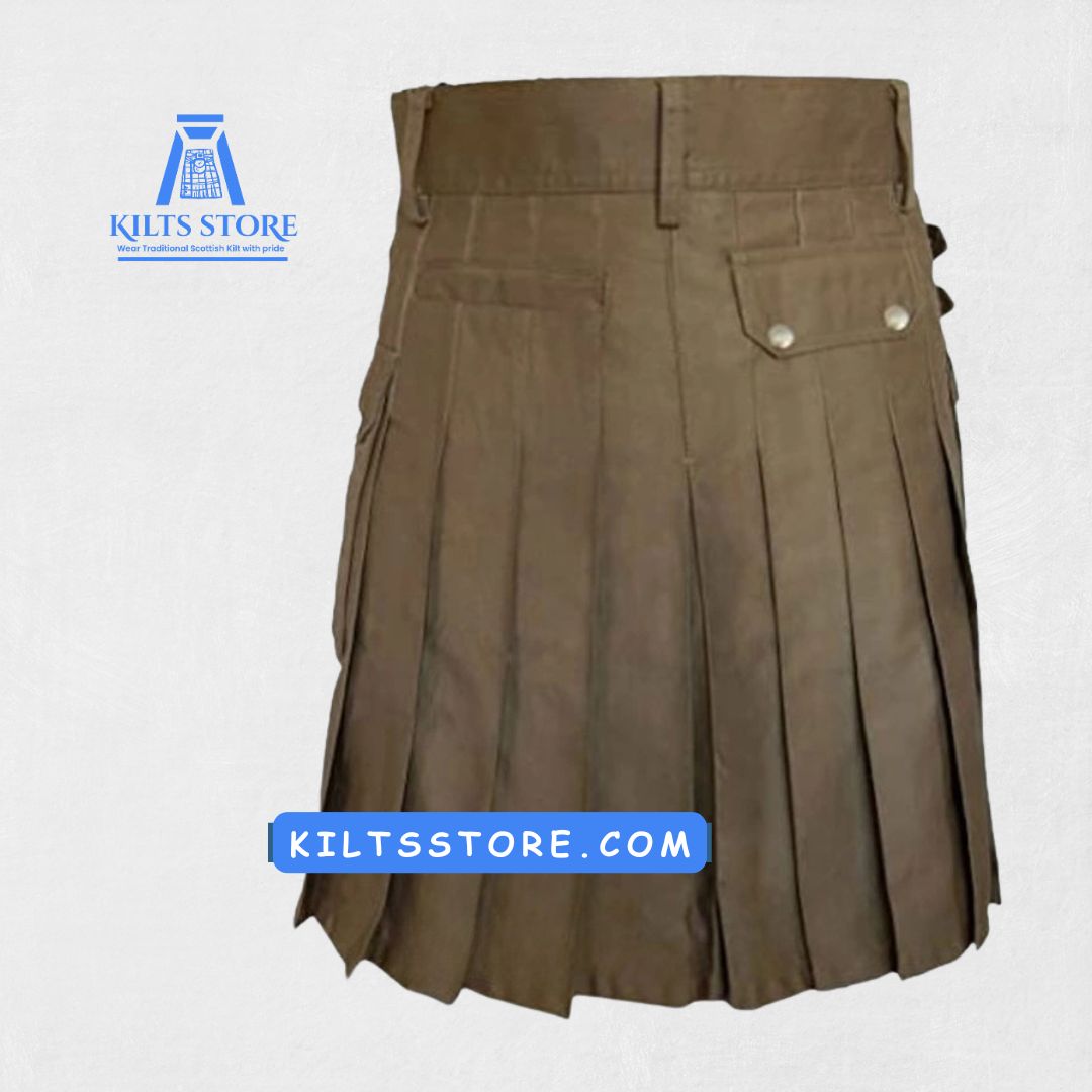 Hand-Made Brown Utility Kilt – Rear View with Pleats and Straps