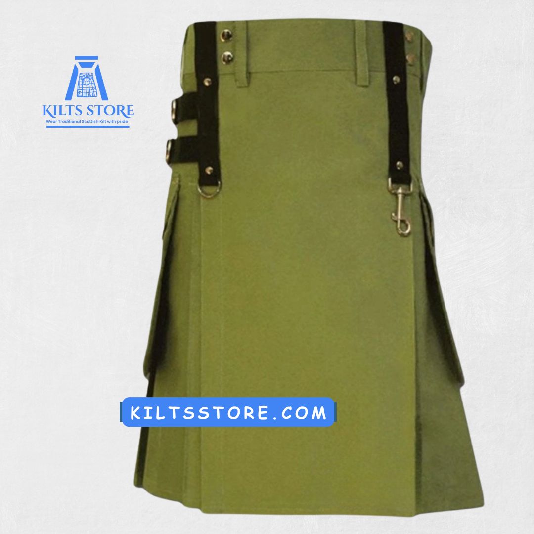 Hand-Made Modern Utility Kilt – Front View with Adjustable Straps and Pockets