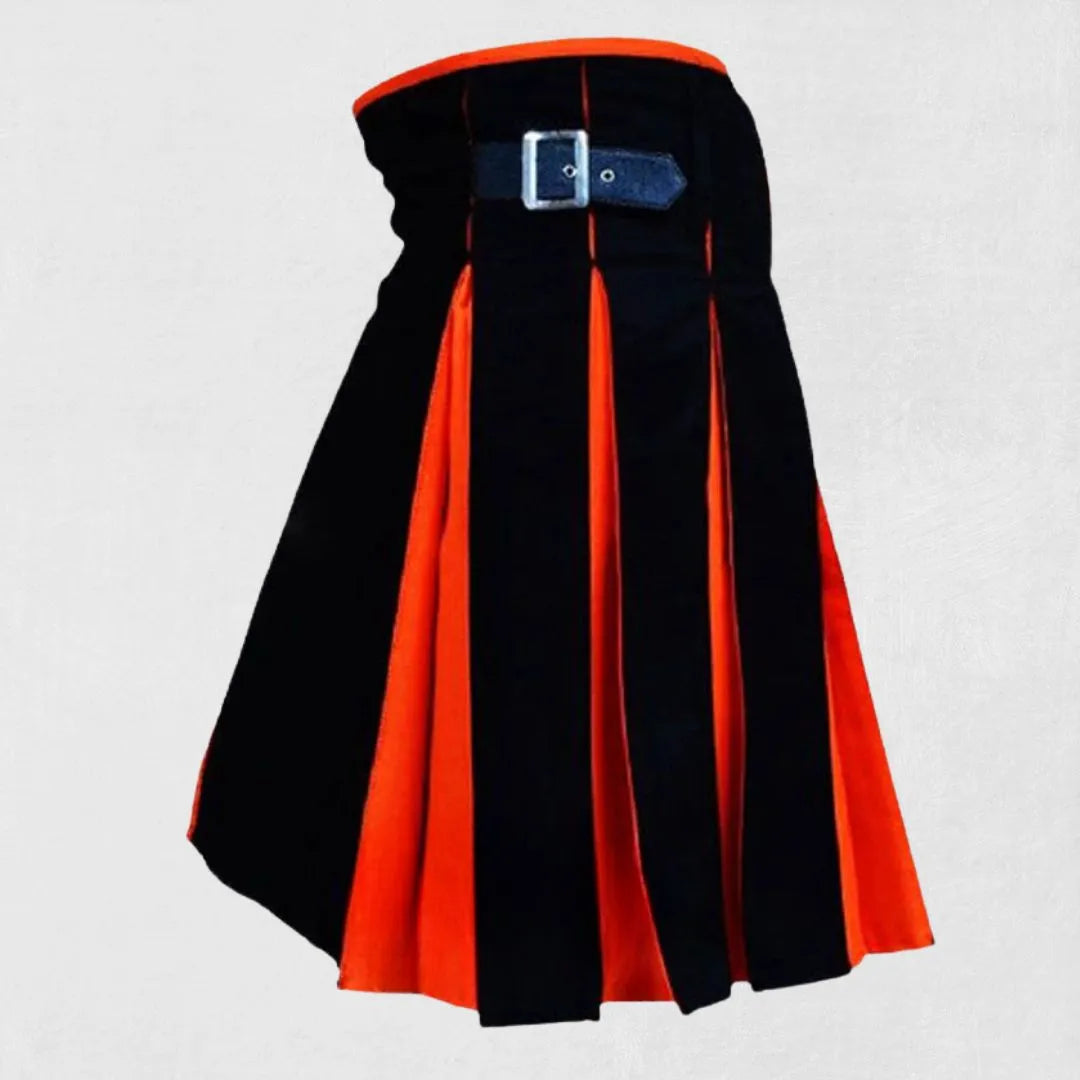Hand-Made Orange Black Cotton Hybrid Kilt – Back View with Pleats and Reinforced Details