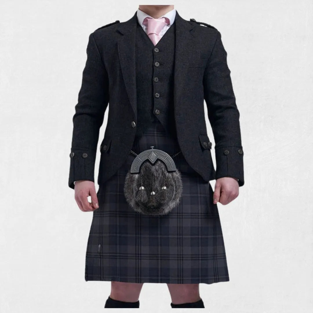 Front view of the Premium Hand-Made Scottish Black Argyle Jacket showing its classic pattern and refined design.