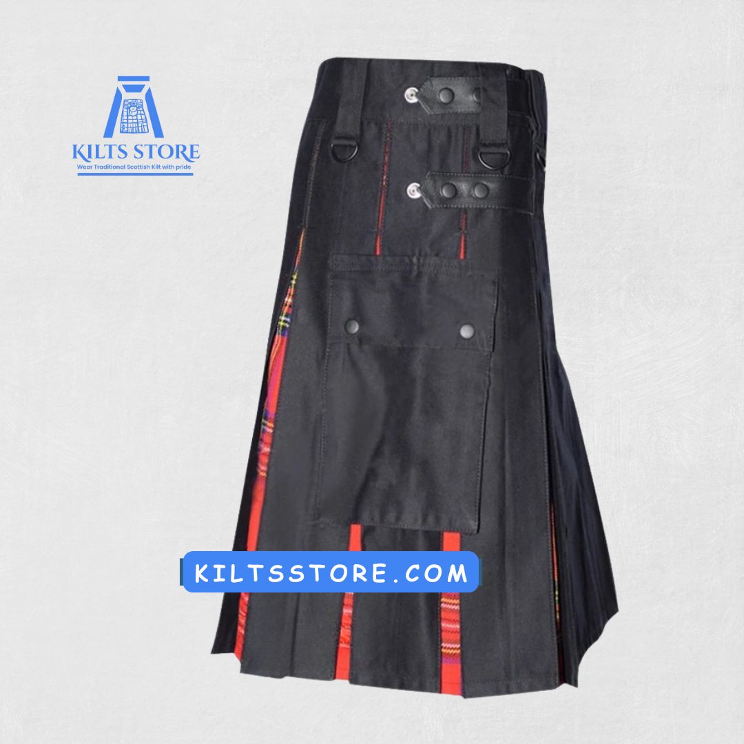 Premium-Quality-Hand-Made-Scottish-Black-Cotton Royal-Stewart-Tartan-Hybrid-Kilt.