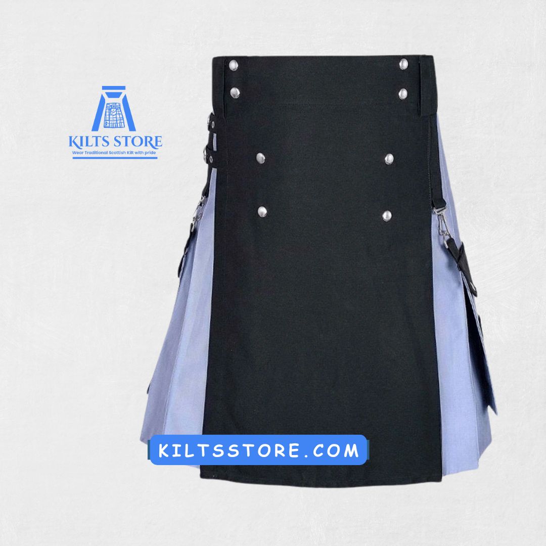 Hand-Made Scottish Black Grey Hybrid Kilt – Front with Utility Pockets and Adjustable Straps