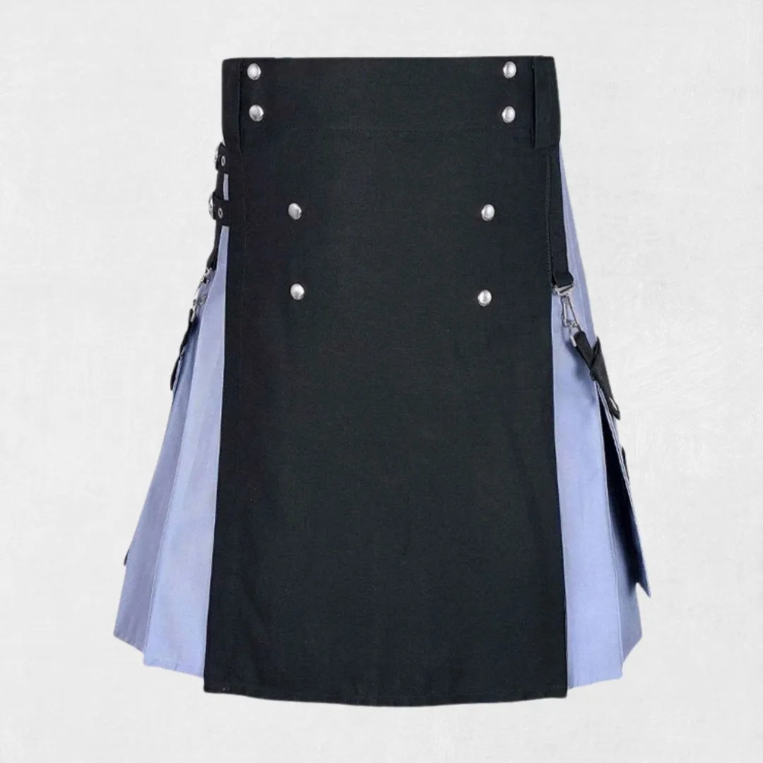 Hand-Made Scottish Black Grey Hybrid Kilt – Front with Utility Pockets and Adjustable Straps
