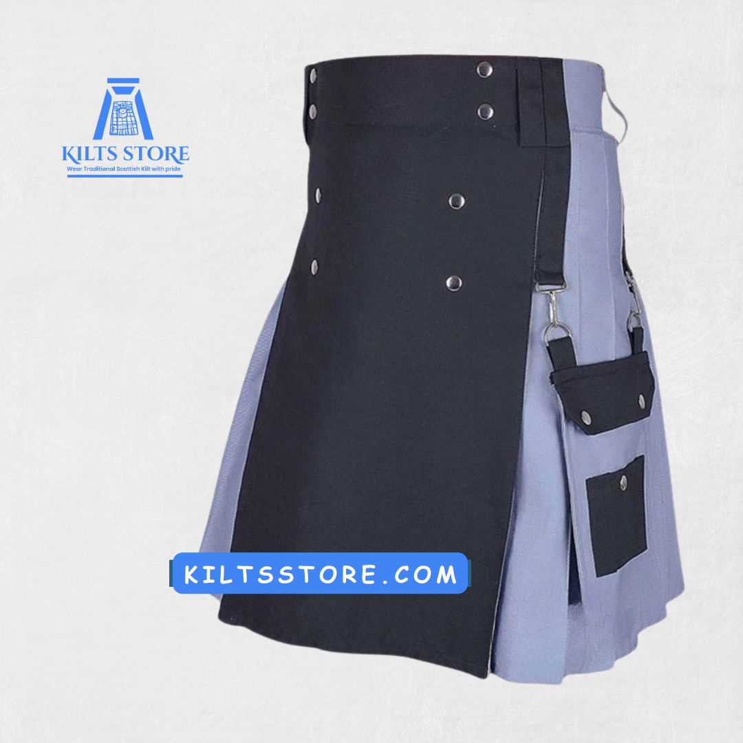 Hand-Made Scottish Black Grey Hybrid Kilt – Back View with Pleats and Reinforced Details