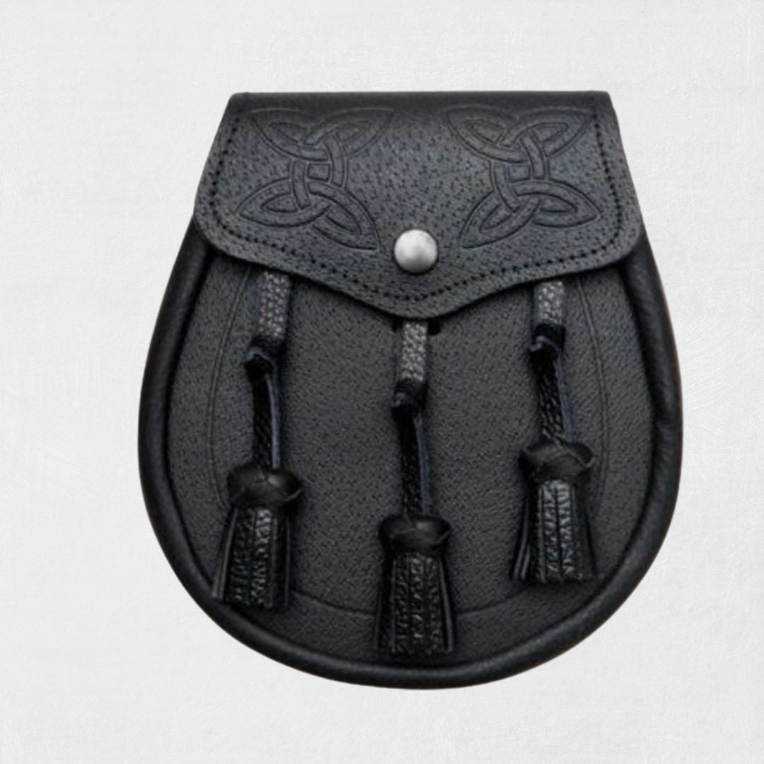 Front view of Premium Hand-Made Scottish Black Leather Kilt Sporran with tassels