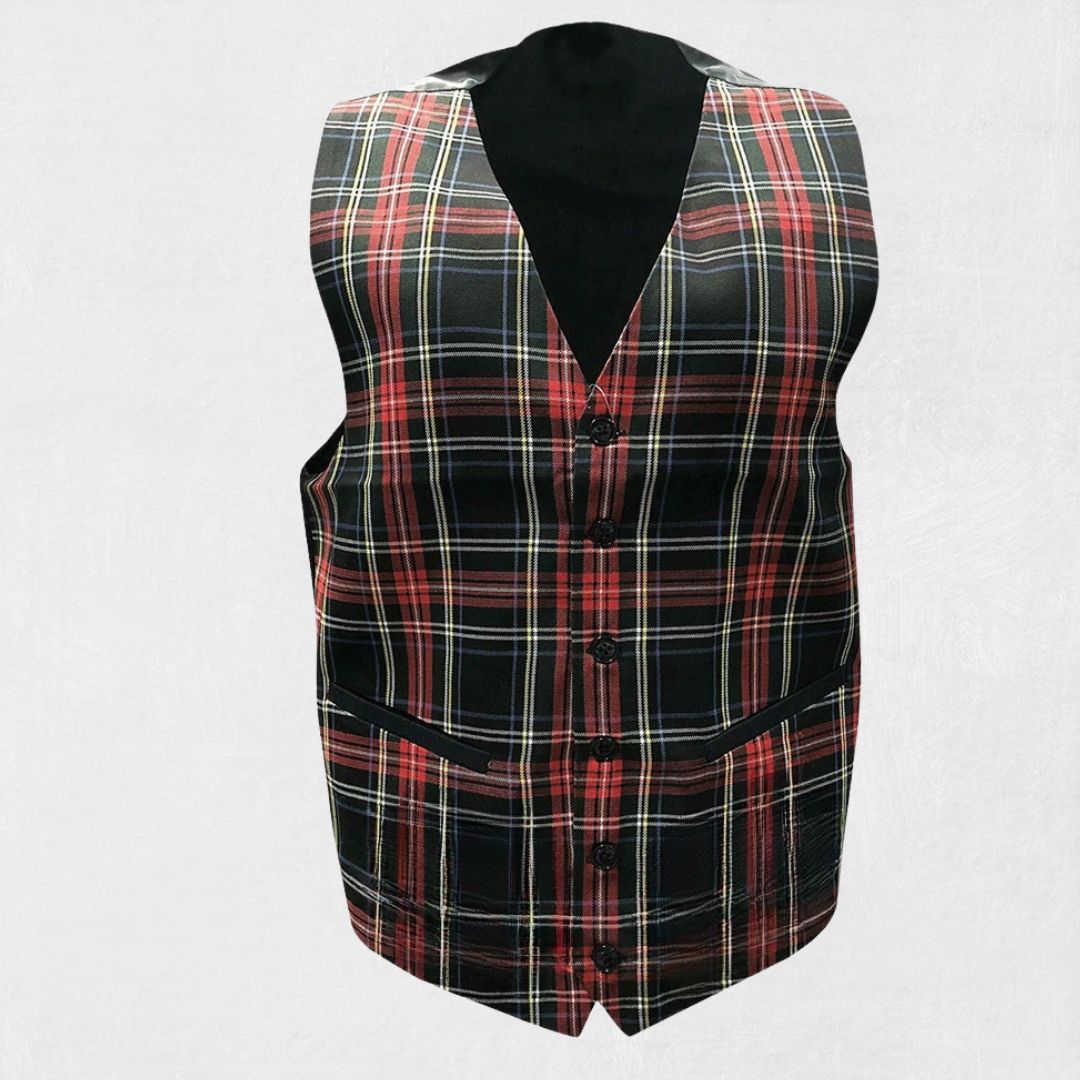Front view of the Premium Quality Hand-Made Scottish Black Stewart Tartan Waistcoat, showcasing the iconic Black Stewart tartan pattern and hand-made craftsmanship.