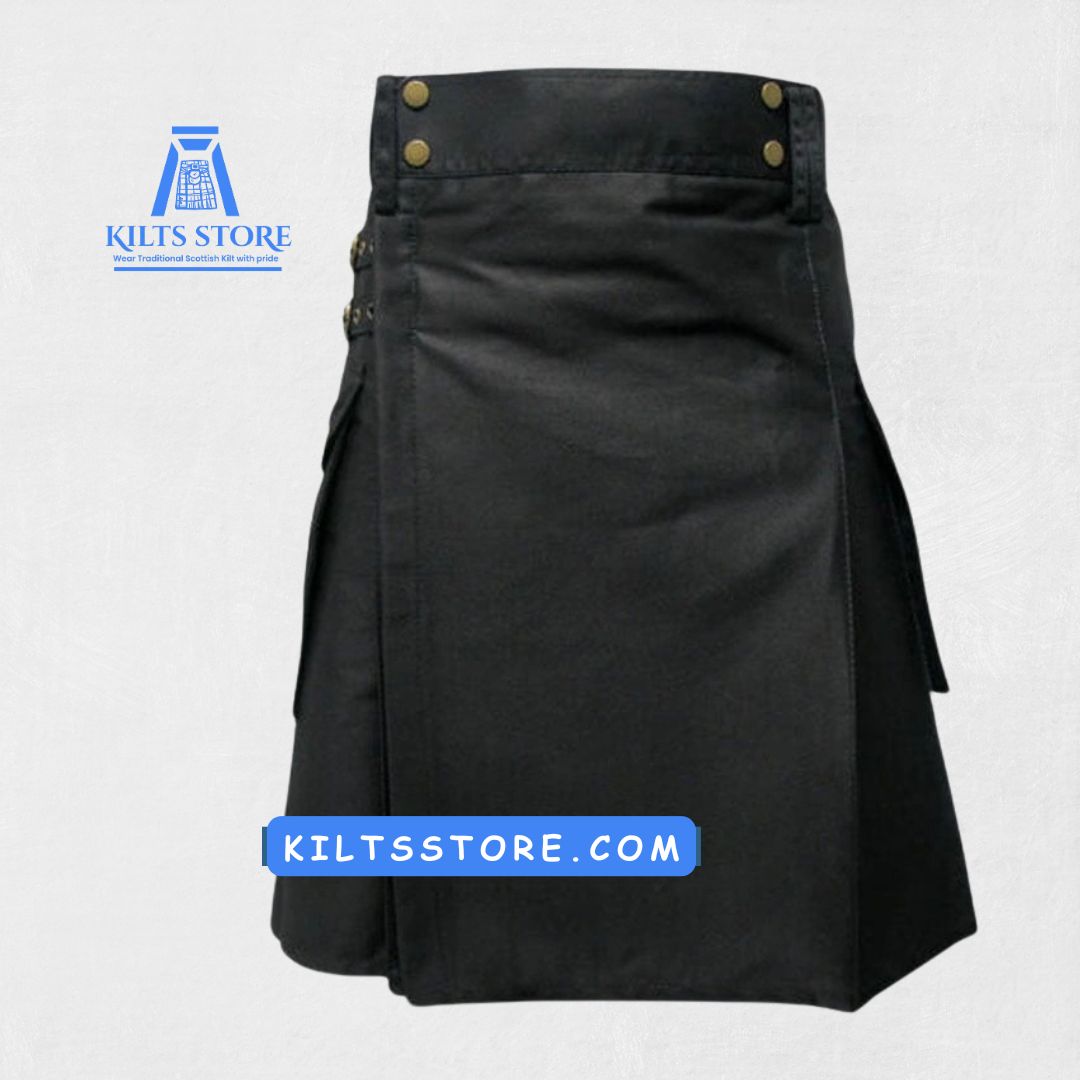 Hand-Made Scottish Black Utility Kilt – Front with Cargo Pockets and Adjustable Straps