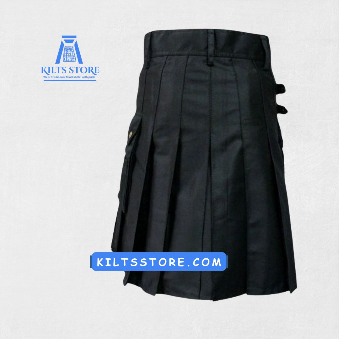 Hand-Made Scottish Black Utility Kilt – Back View with Pleats and Reinforced Details