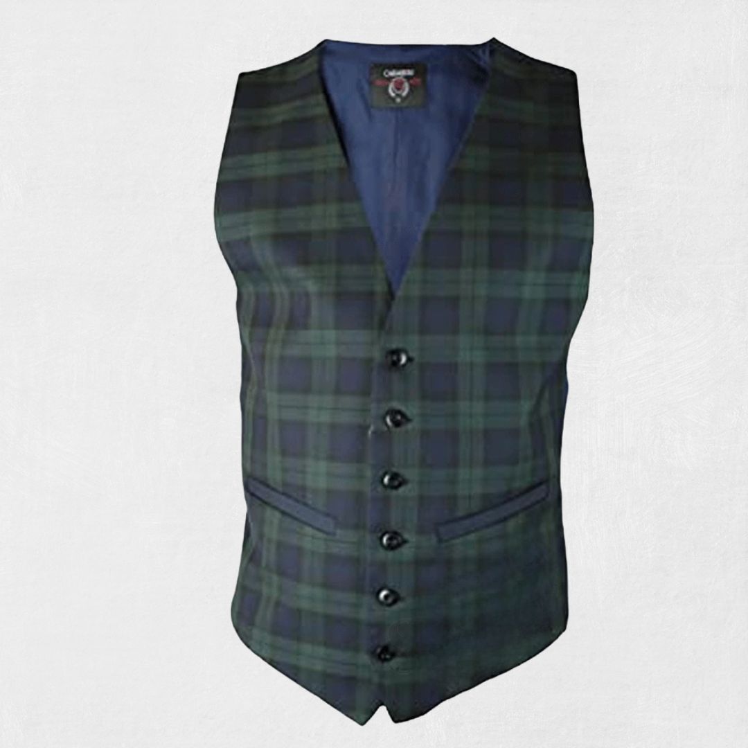 Front view of the Premium Quality Hand-Made Scottish Black Watch Tartan Waistcoat, showcasing the Black Watch tartan pattern and hand-made craftsmanship.