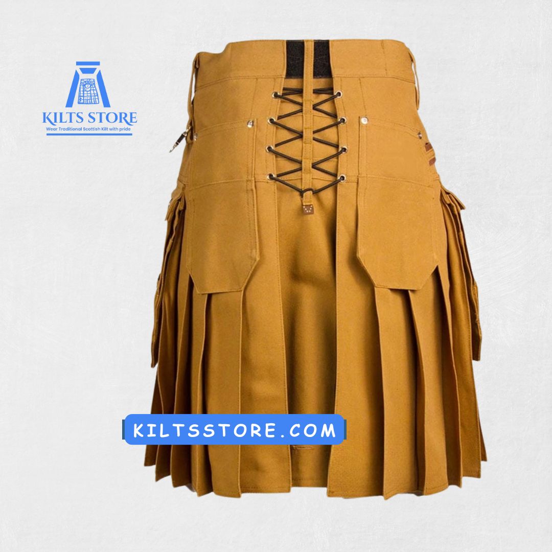 Hand-Made Scottish Brown Utility Kilt – Back View with Pleats and Reinforced Details