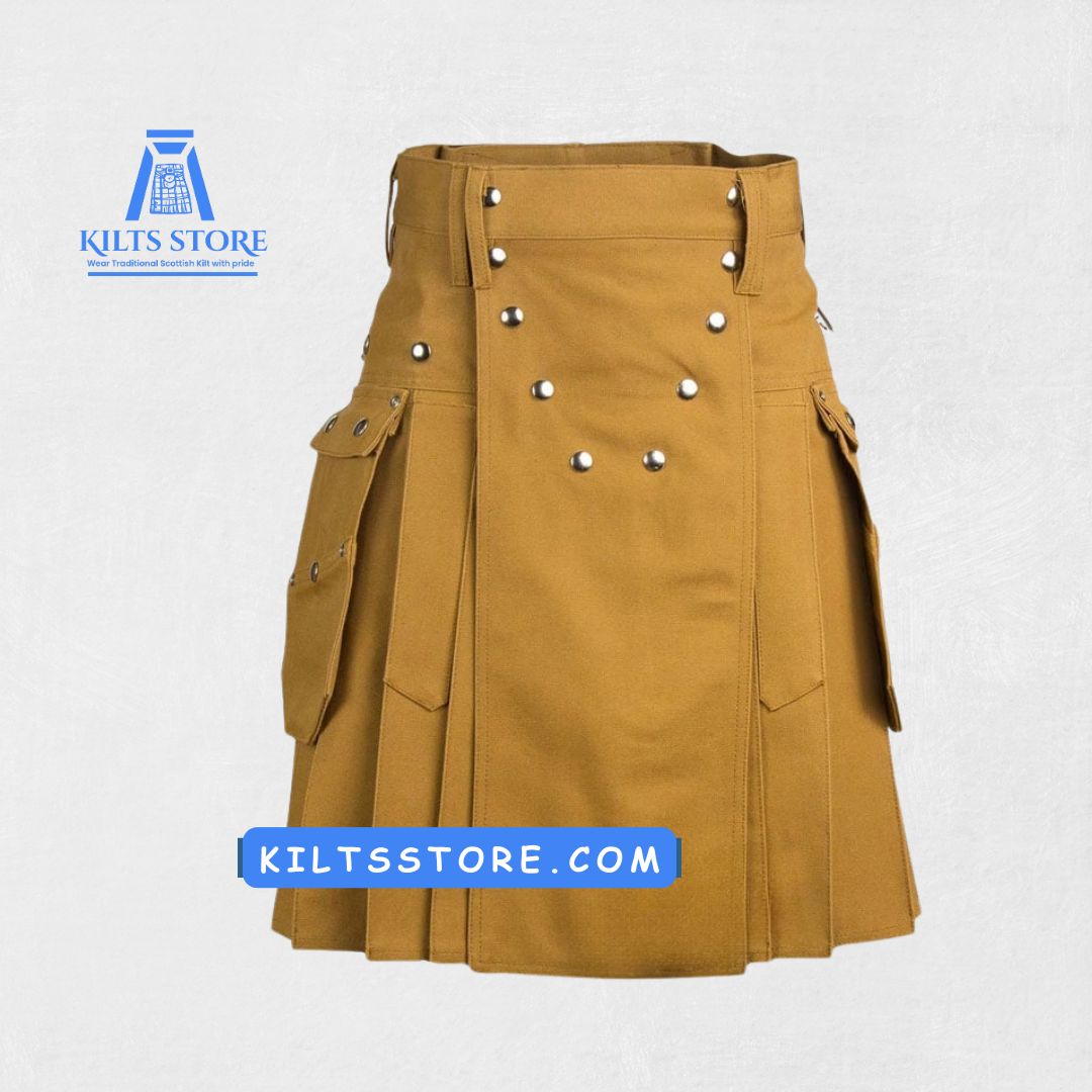 Hand-Made Scottish Brown Utility Kilt – Front with Cargo Pockets and Adjustable Straps