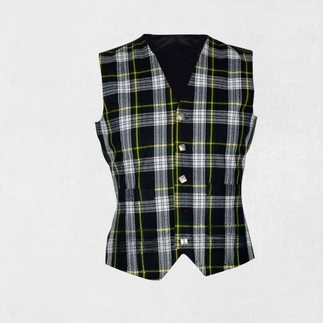 Front view of the Premium Quality Hand-Made Scottish Dress Gordon Tartan Waistcoat, showcasing the Dress Gordon tartan pattern and hand-made craftsmanship.