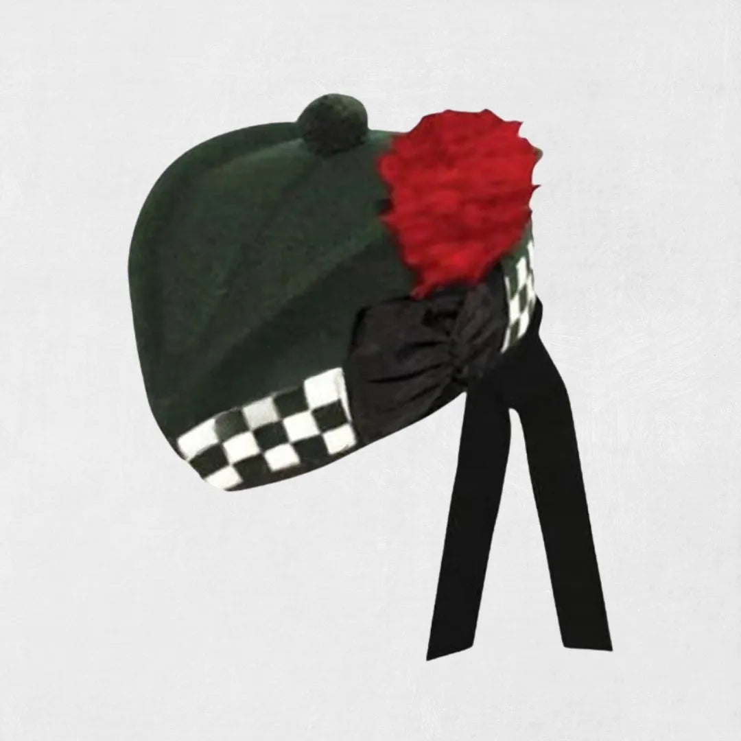 Front view of Premium Hand-Made Scottish Green Glengarry Hat with dicing detail.