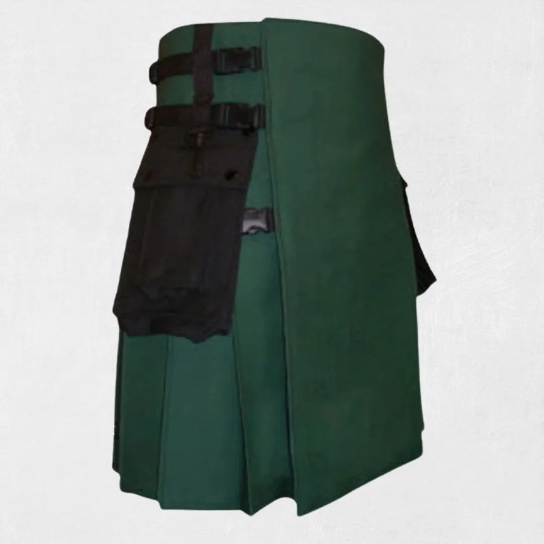 Hand-Made Scottish Green Utility Kilt – Back View with Pleats and Reinforced Details