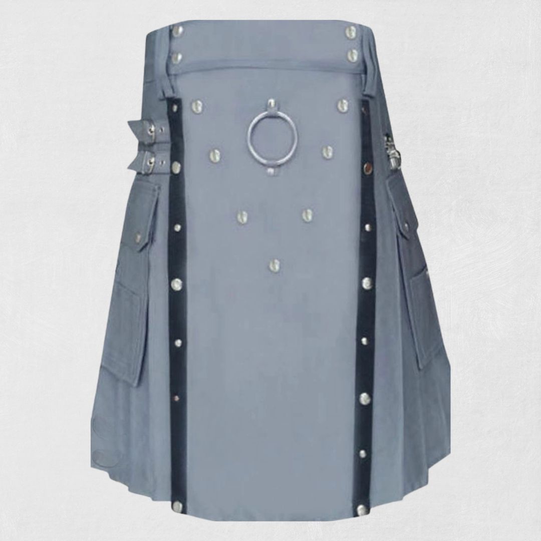 Front view of the Premium Quality Hand-Made Scottish Grey Utility Kilt, highlighting its sleek grey color, functional pockets, and durable fabric.