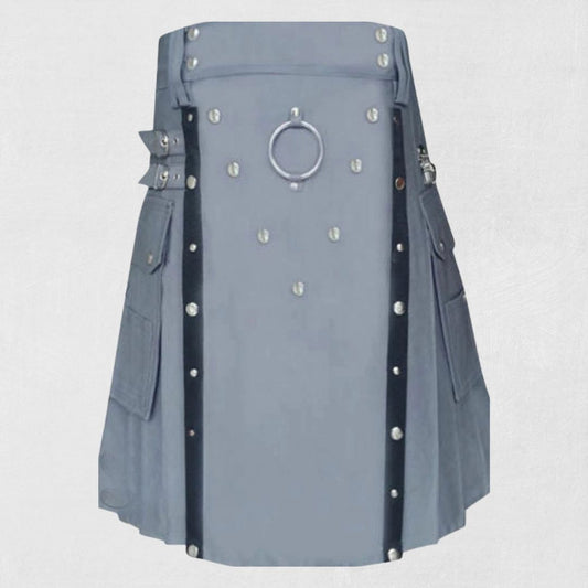 Front view of the Premium Quality Hand-Made Scottish Grey Utility Kilt, highlighting its sleek grey color, functional pockets, and durable fabric.