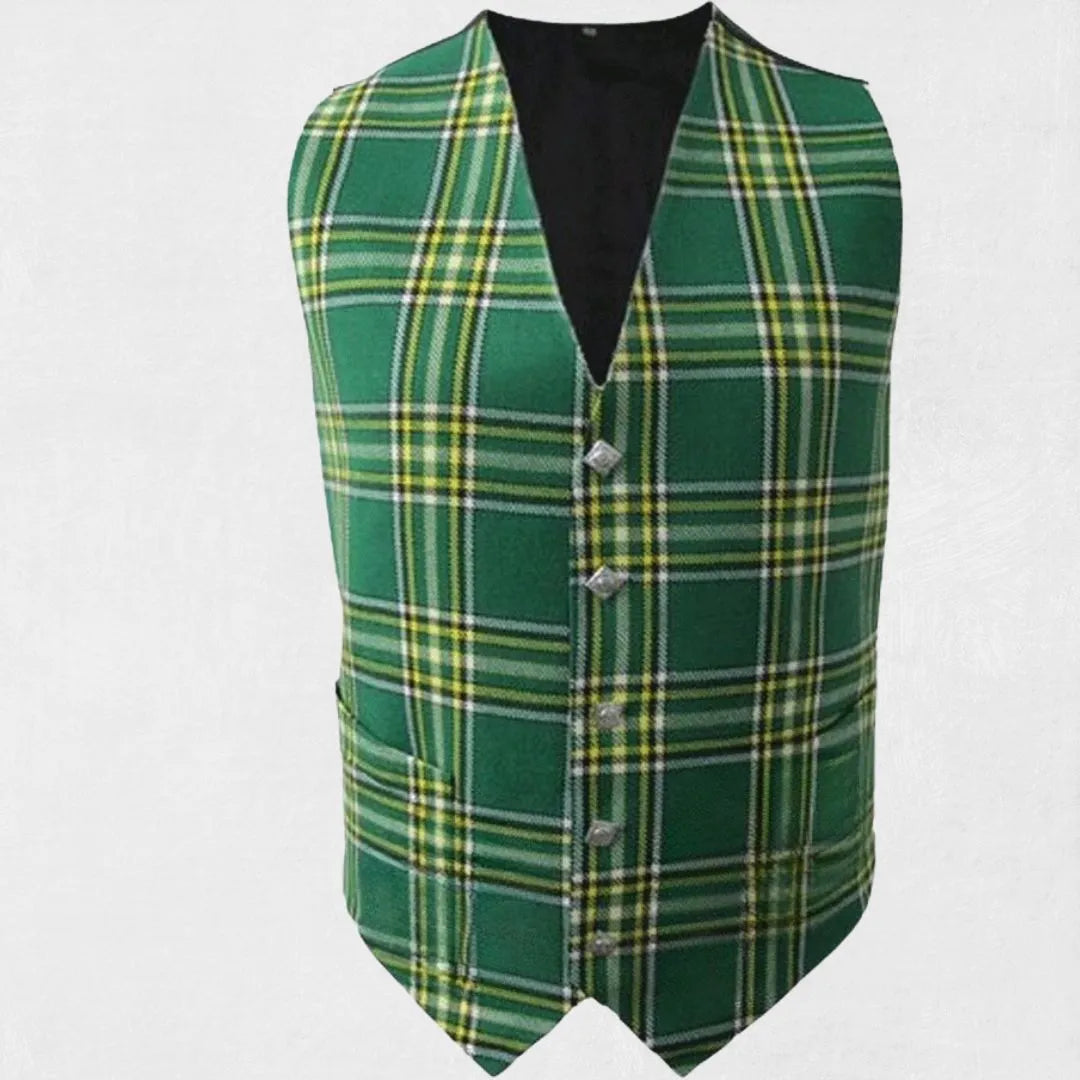 Front view of premium hand-made Irish National tartan waistcoat
