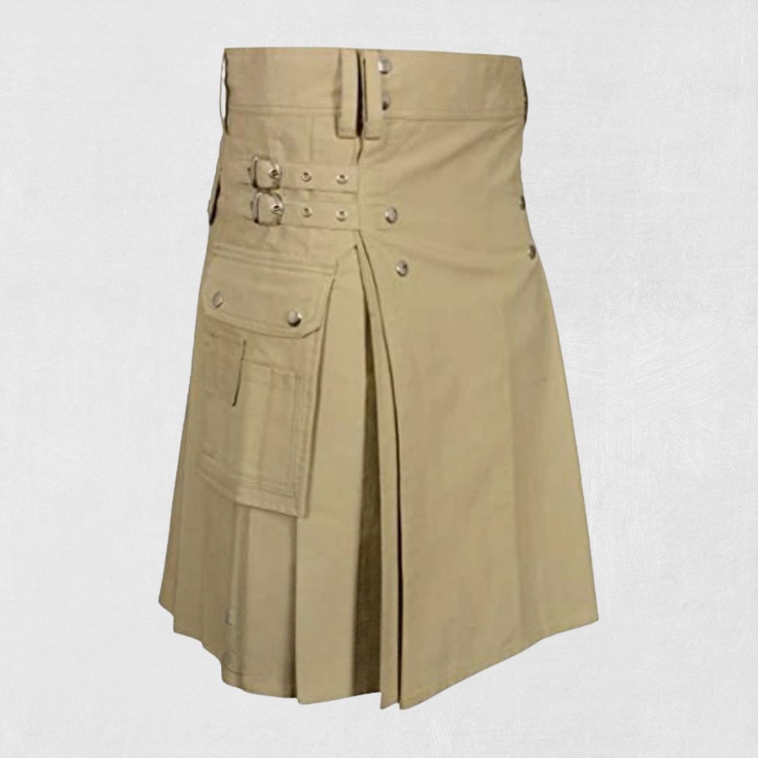 Front view of the Premium Quality Hand-Made Scottish Khaki Utility Kilt, showcasing the sleek khaki color, functional pockets, and durable fabric.