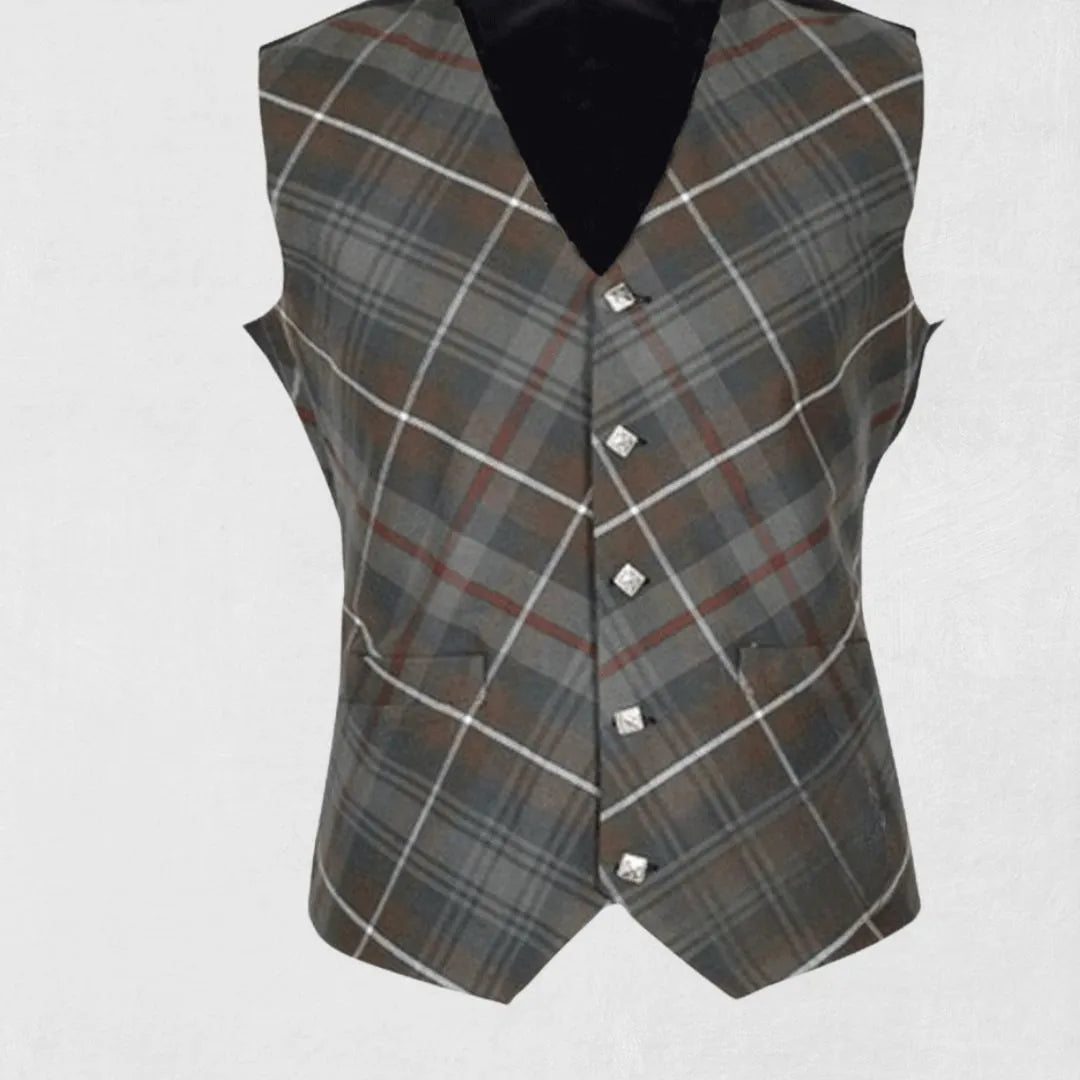 Front view of handmade Mackenzie Weathered tartan waistcoat in muted tones