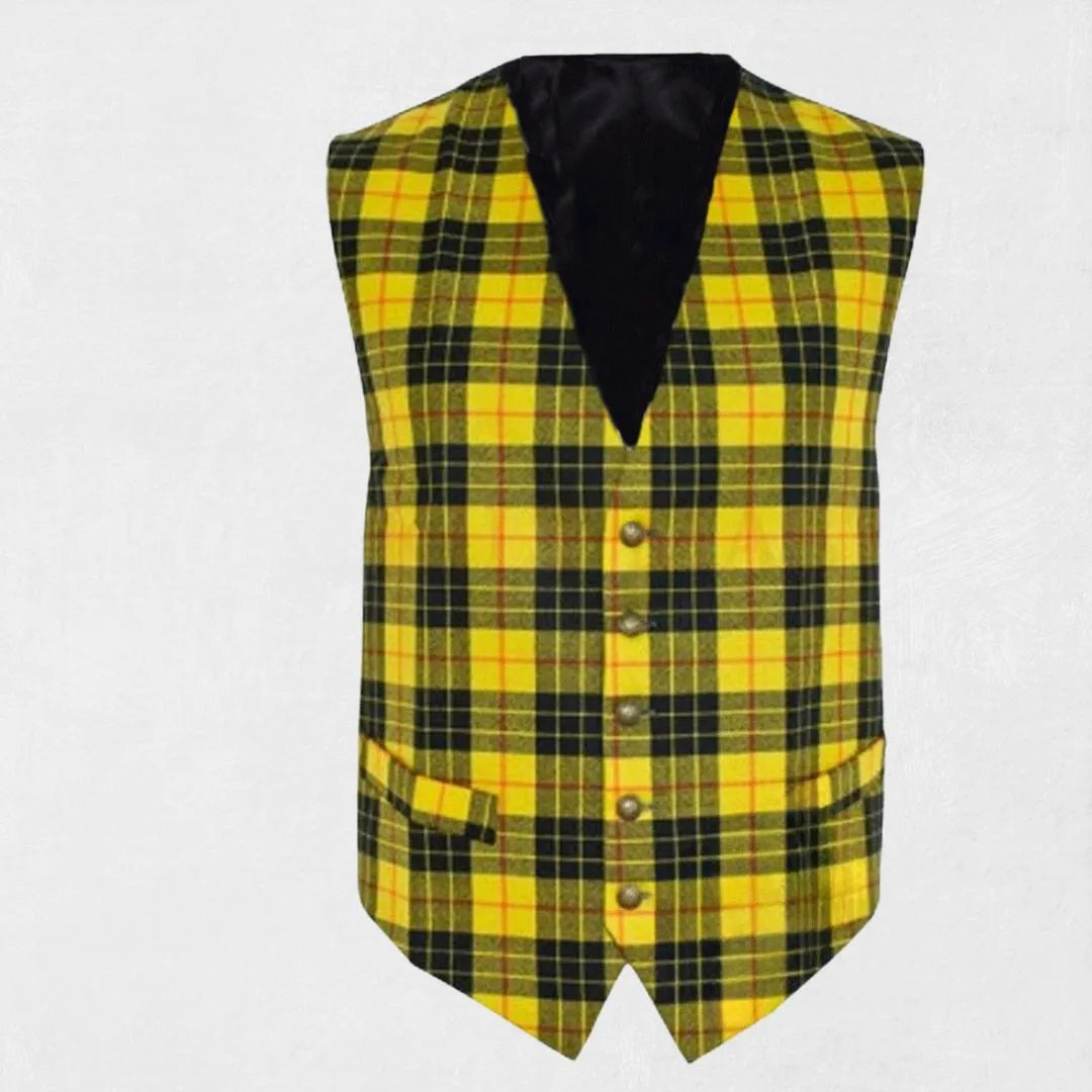 Front view of handmade MacLeod of Lewis tartan waistcoat in bright yellow and black