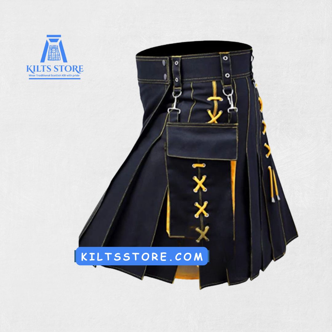 Side view of the Premium Quality Hand Made Scottish Modern Hybrid Kilt emphasizing its sleek fit and expert craftsmanship.