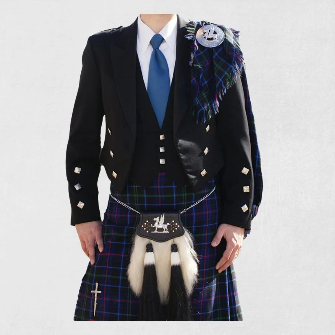 Front view of the Premium Quality Hand-Made Scottish Prince Charlie Jacket with Three-Button Vest, showcasing its tailored fit, detailed button closures, and satin trim.