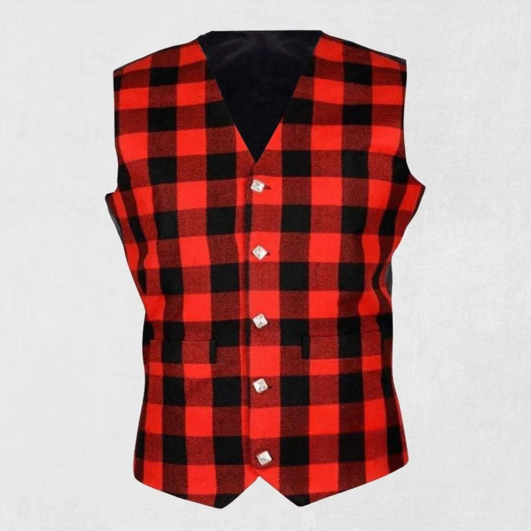 Front view of handmade Rob Roy MacGregor tartan waistcoat in red and black