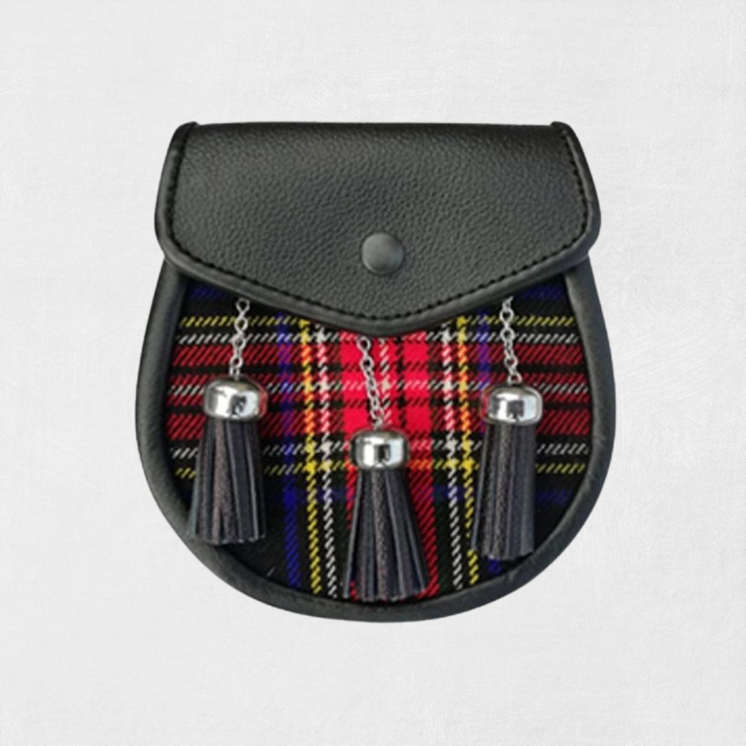 Front view of handmade Scottish tartan kilt sporran with leather flap and tassels