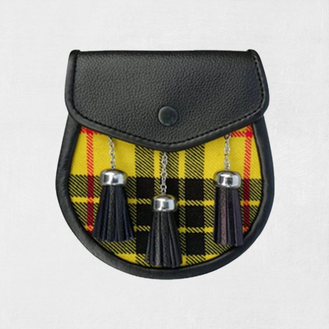 Front view of handmade Scottish tartan kilt sporran with tassels and flap design