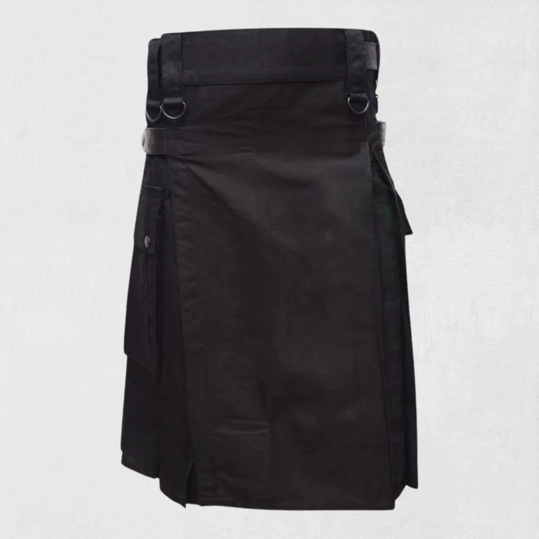Front view of the Premium Quality Hand-Made Traditional Scottish Black Cotton Black Watch Hybrid Kilt, showcasing the sleek black cotton fabric and Black Watch tartan pattern.