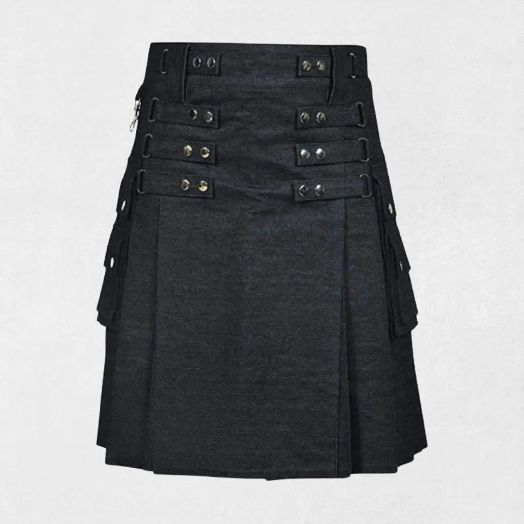 Front view of Premium Quality Hand-Made Black Denim Kilt with pleats and leather straps.