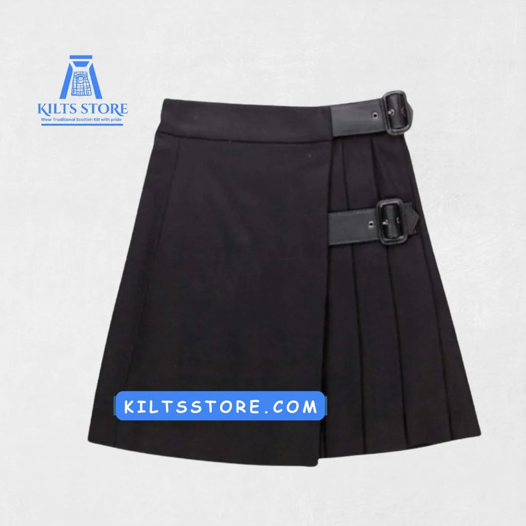Front view of Hand Made Traditional Scottish Black Women Utility Kilt with pockets and adjustable straps