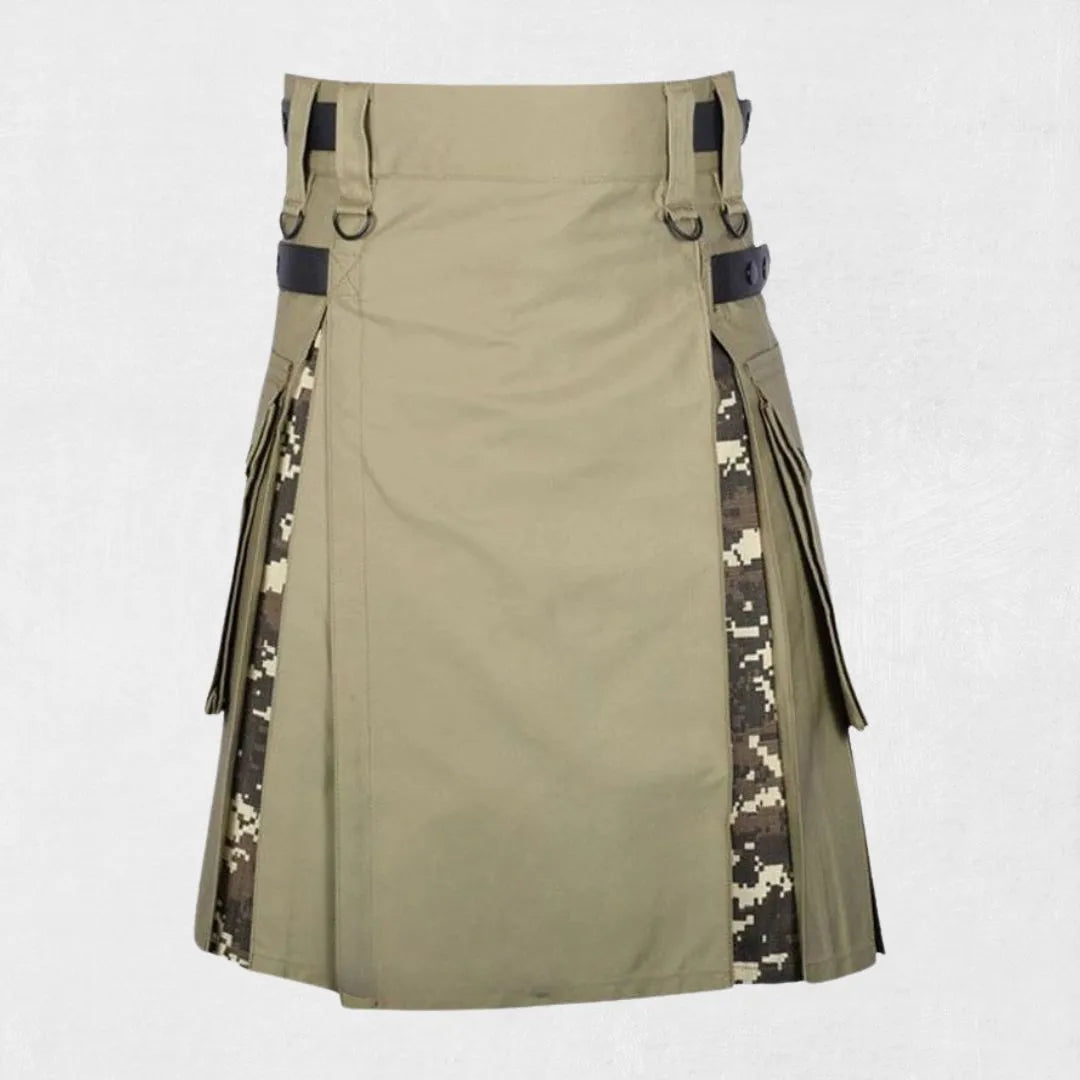 Front view of the Premium Quality Traditional Scottish Khaki Camo Hybrid Kilt,unique camouflage pattern and traditional kilt design.