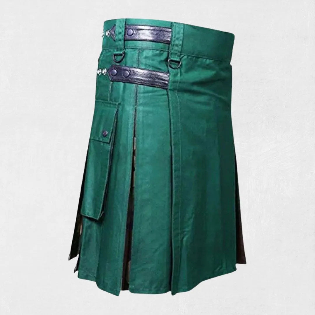 Front view of the Premium Quality Hand-Made Traditional Scottish Hybrid Utility Kilt, multiple pockets and classic Scottish design.