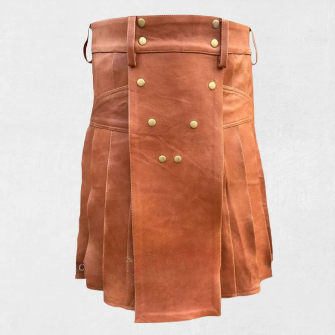 Front view of Premium Quality Hand Made Scottish Brown Leather Kilt with pleated design and buckle straps