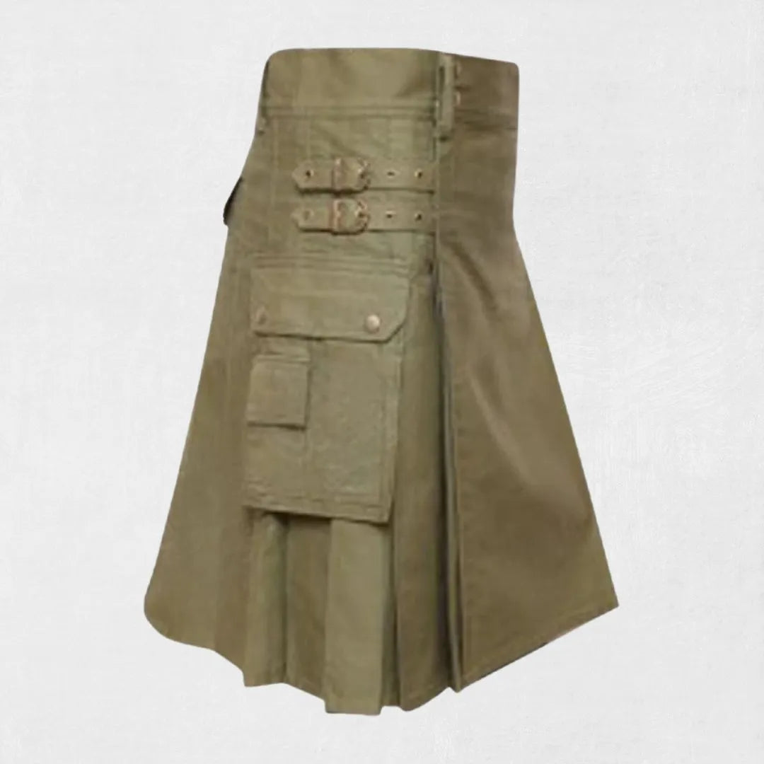 Premium olive green utility kilt with visible Kiltsstore branding and functional design.