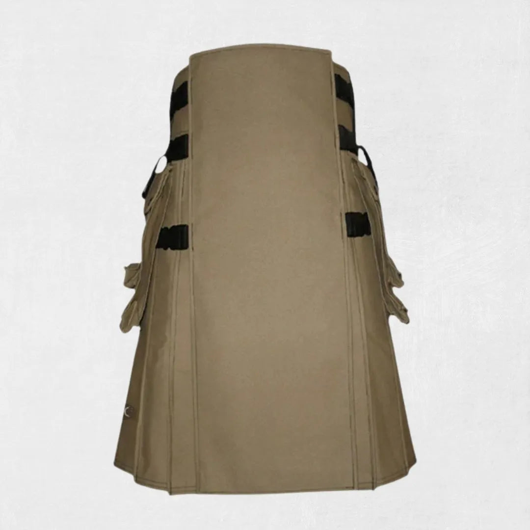 Front view of the Premium Quality Khaki Canvas Cotton Utility Kilt, showcasing the khaki color, multiple pockets, and utility kilt design.