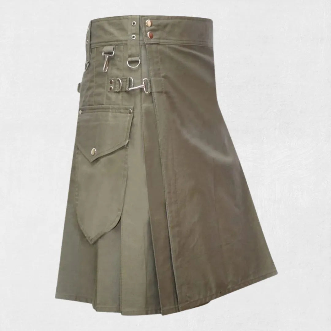 Front view of the Premium Quality Light Color Olive Utility Kilt, showcasing the light olive color and multiple functional pockets.