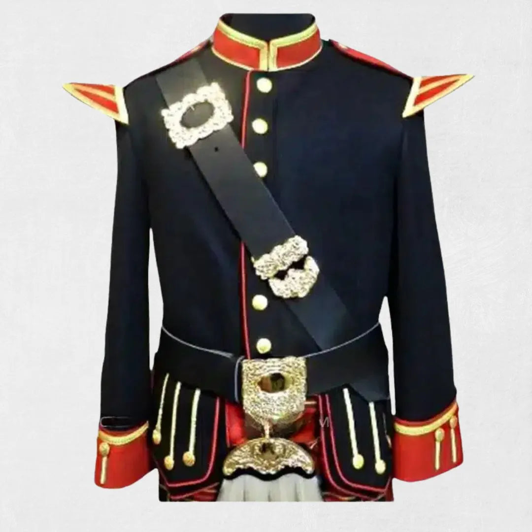 Front view of the Premium Quality Military Drummer Doublet Bagpiper Jacket, showcasing its intricate detailing, ornate buttons, and tailored military design.
