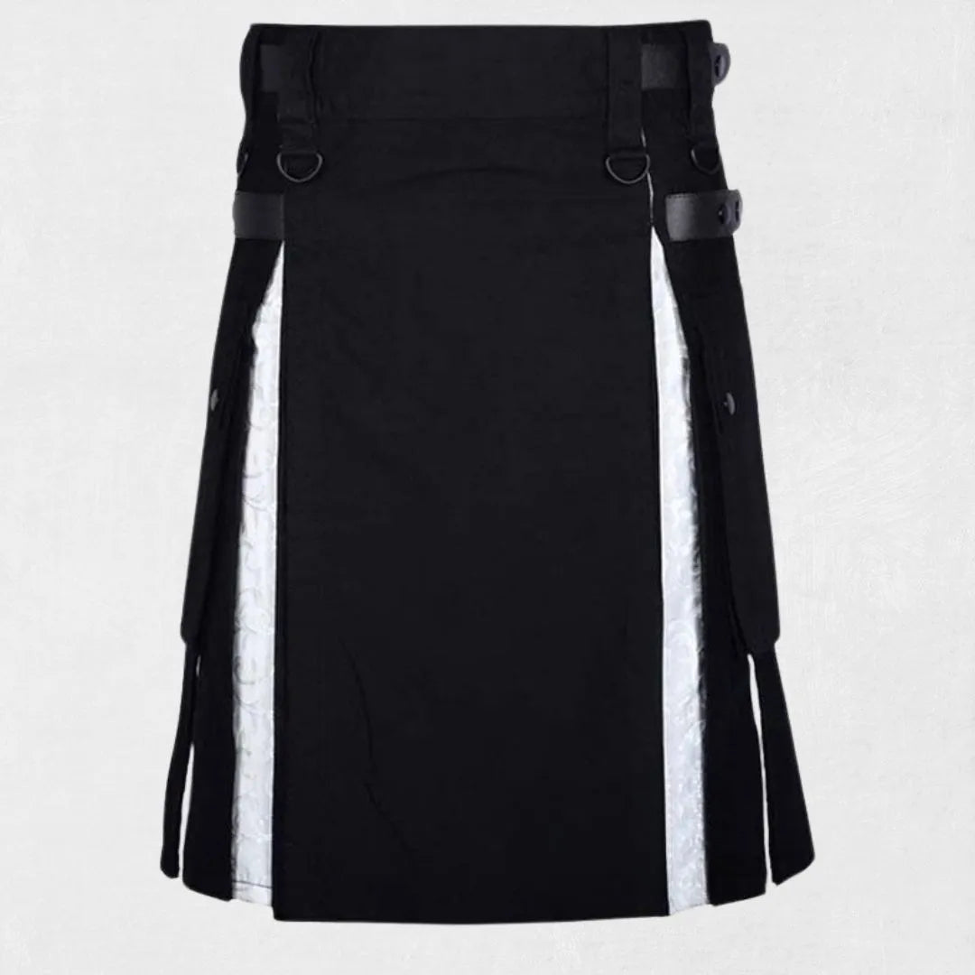 Front view of the Premium Quality Modern Black & White Utility Kilt, highlighting the bold black and white design along with its functional utility pockets.