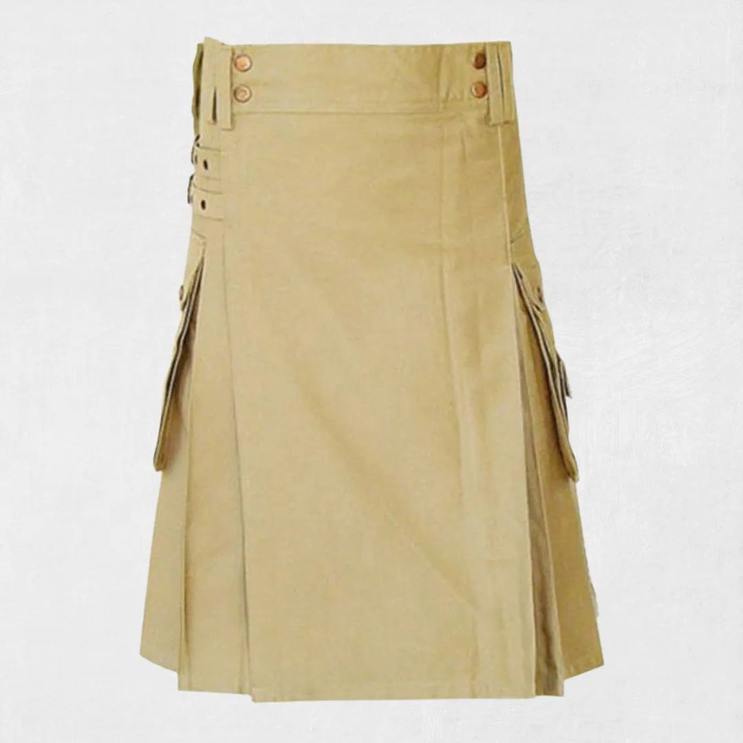 Front view of the Premium Quality Modern Khaki Utility Kilt, showcasing the khaki color and multiple functional pockets.