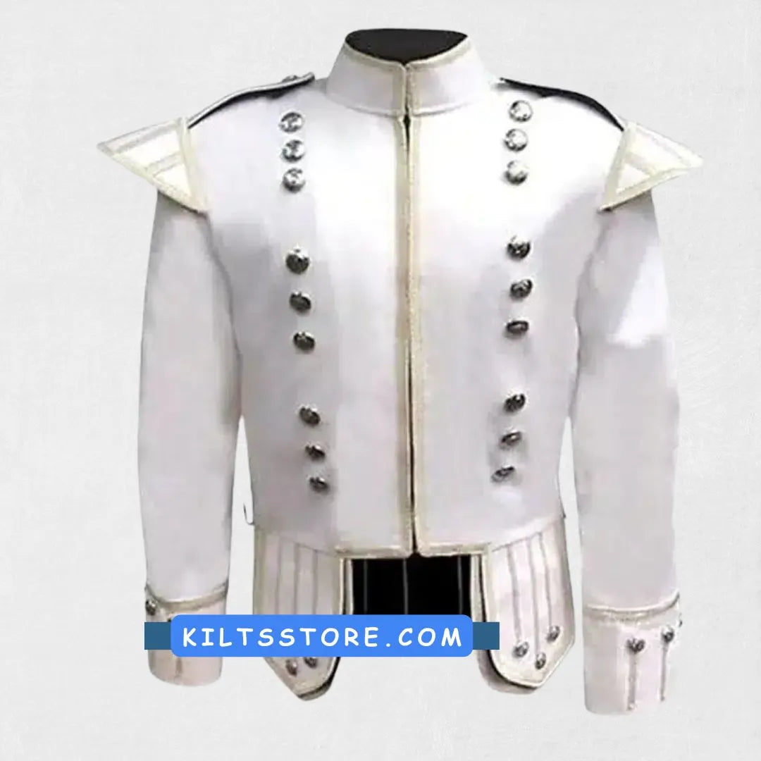 Front view of the Premium Quality Off-White Military Drummer Doublet Jacket, showcasing intricate button detailing, military-inspired design, and the refined off-white color.