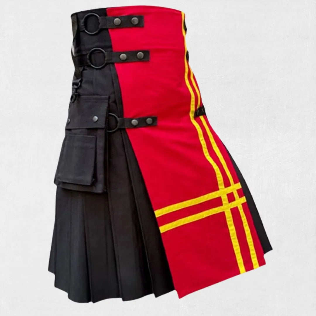 Side view of the Premium Quality Hand Made Scottish Modern Hybrid Kilt emphasizing its sleek fit and expert craftsmanship.