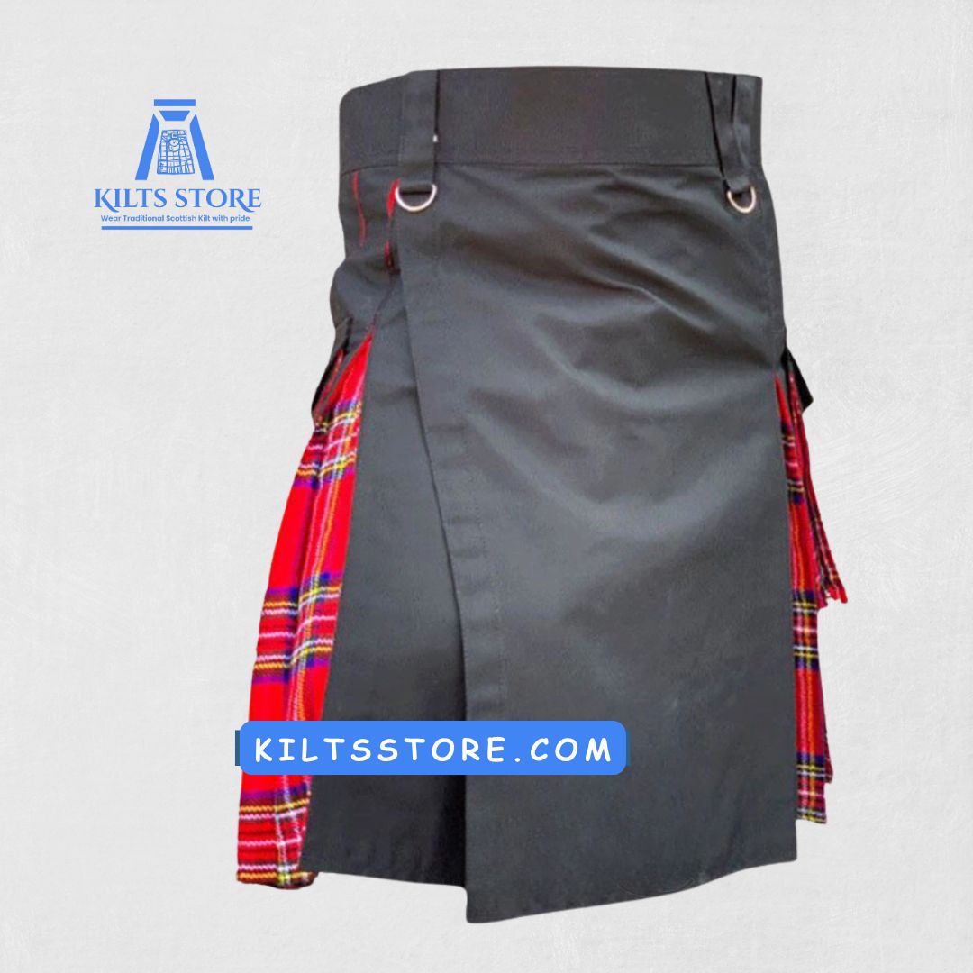 Front view of Premium Royal Stewart and Black Cotton Hybrid Kilt with cargo pockets