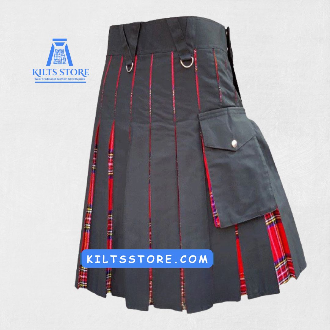 Side view of Premium Royal Stewart and Black Cotton Hybrid Kilt with cargo pockets