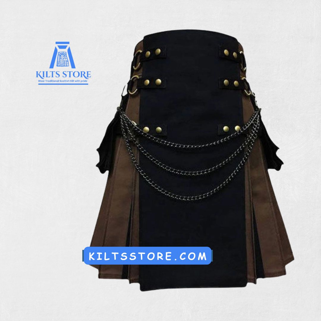 Front view of Black Brown Fashion Hybrid Utility Kilt with deep pockets
