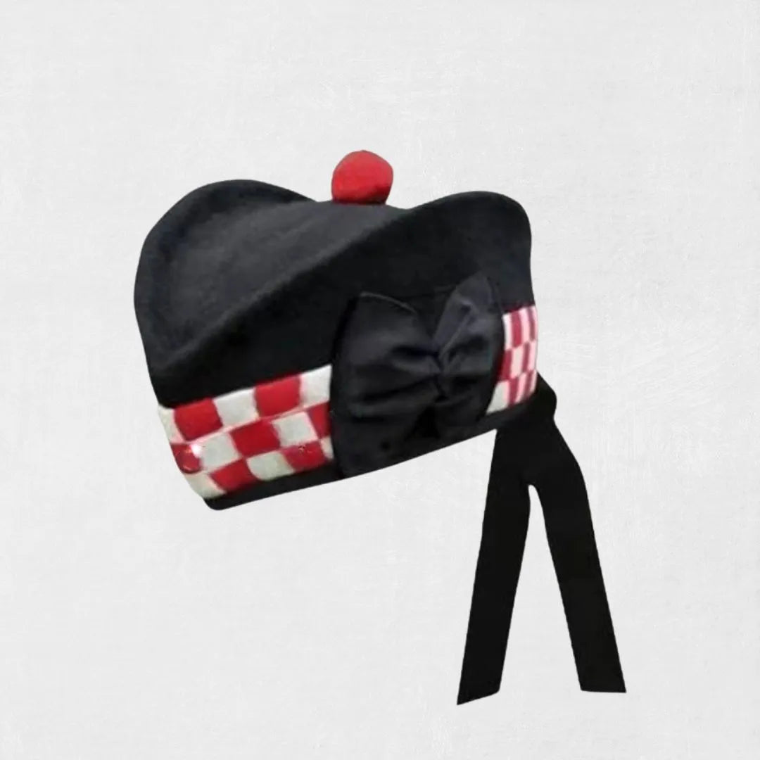 Front view of Premium Quality Scottish Black Glengarry Hat with classic design