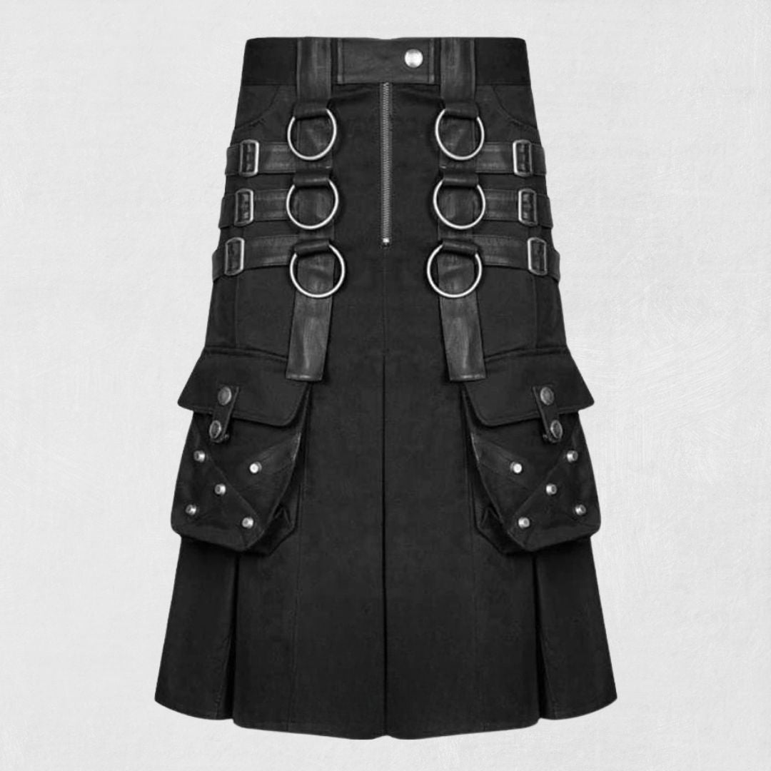 Front view of the Premium Quality Scottish Black Utility Kilt, showcasing the sleek black design and multiple functional utility pockets.