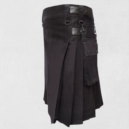 Front view of the Premium Quality Scottish Black Utility Kilt 4, showcasing its sleek black color and multiple utility pockets.