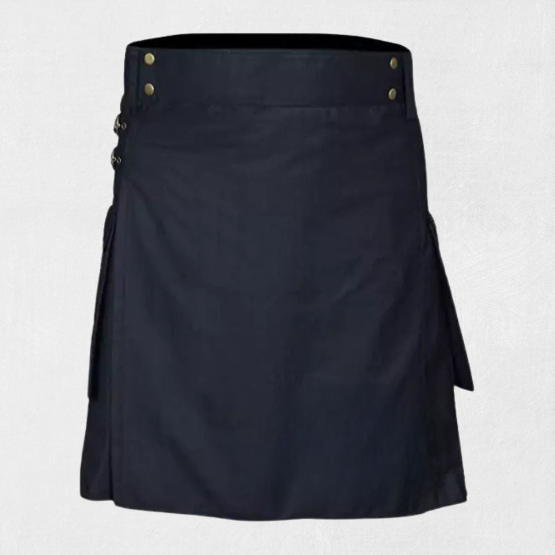Front view of the Premium Quality Scottish Black Utility Kilt, showcasing the sleek black design and functional utility pockets.
